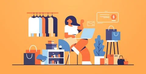 Woman with laptop using computer application online shopping concept big fash Illustrazione stock