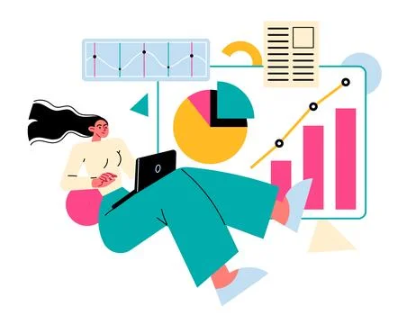 Woman with a laptop working with data, graphs, information 스톡 일러스트