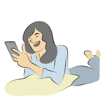 Woman laughing while using smartphone illustration vector hand drawn Stock Illustration