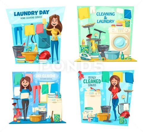 Woman, laundry, house cleaning, mop, vacuum, broom Stock Illustration