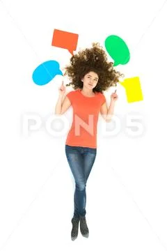 The woman lay and gesture near the dialog signs. View from above Stock Photos
