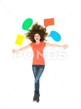 The woman lay and gesture near the dialog signs. View from above Stock Photos