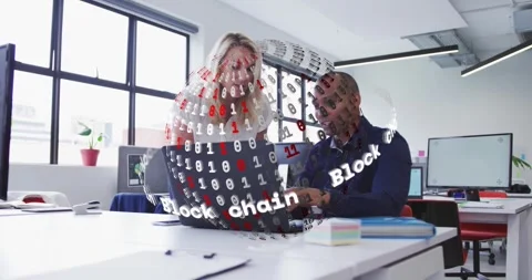 Woman leaning and pointing while man typing as blockchain sphere appearing, Stock Footage 332316388