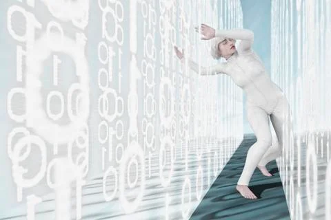 Woman leaning in binary code walls Stock Photos