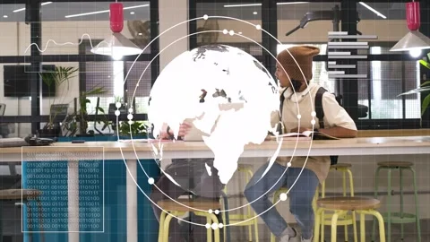 Woman leaning in causing HUD globe growing over laptop then dissolving while Stock Footage 333873057