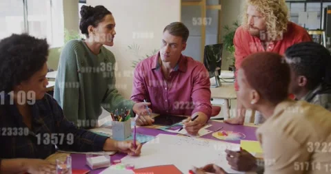 Woman leaning pitching idea on sheet, team noting while data overlaying sheet Stock Footage 334115751