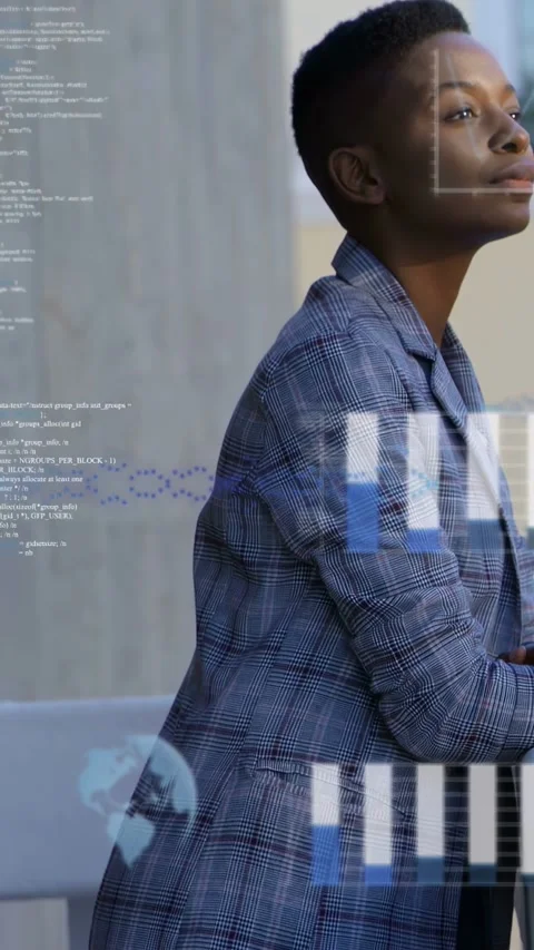 Woman leaning on railing, camera pulling back charts and code sliding over torso Stock Footage 332904821