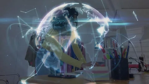 Woman leaning in studio touching notes, causing node network forming hologram 스톡 동영상 331047944