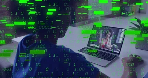 Woman leaning, using laptop, remote host starting demo, green binary overlay Stock Footage 334312073