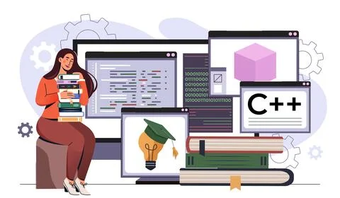 Woman learning coding and C language. Vector illustration Illustrazione stock