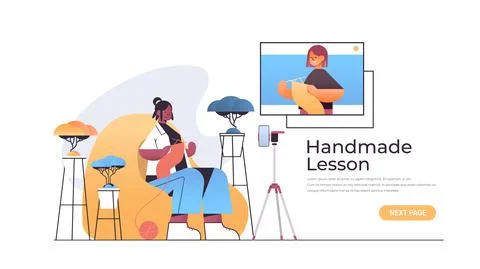 Woman learning to knit while watching video course with teacher in web browser Stockillustratie