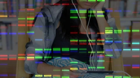 Woman in library adjusting headset as glitch bar shifts, tapping tablet and Stock Footage 331276176