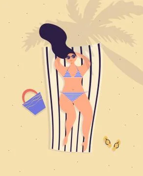 A woman lies on the beach and takes sun baths. Stock Illustration
