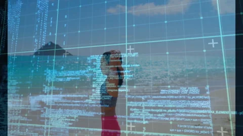 Woman lifting arms and securing hair triggers animated fitness grid tracking Video stock 313093653