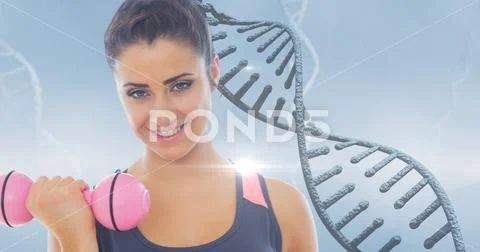 Woman lifting dumbbell against DNA structure Stock Photos
