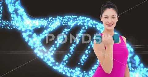 Woman lifting dumbbells against DNA structure Stock Photos