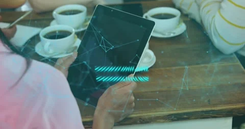 Woman lifting tablet from table starting tech network scanning fingerprint, Stock Footage 318475671