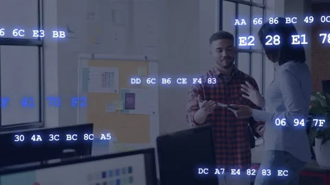 Woman lifting tablet, tapping screen, man gesturing, reviewing code, hex overlay Stock Footage 332934402