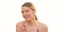 The woman with a lipstick laughing on the white background 4k or 4k+ Resolution