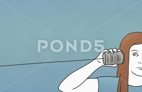 Woman listening in tin can telephone Stock Illustration