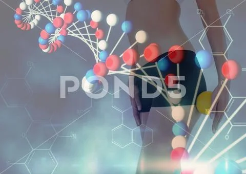 Woman with little ball and red and blue dna chain superposition Stock Photos