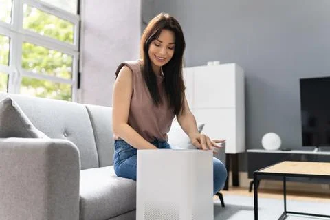 Woman In Living Room Using Air Cleaner Stock Photos