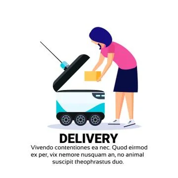 Woman loading box robot self drive fast delivery goods in city car robotic carry Ilustración de archivo