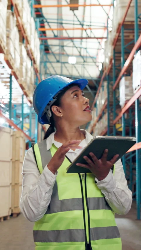 Woman, logistics and checking inventory with tablet in warehouse for shipping or Stock Footage 340449245