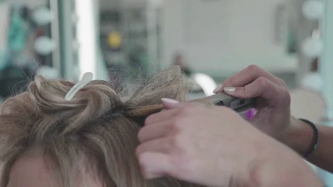 Woman with Long Hairs, hairdresser's hands close up, Barbershop Stock Footage