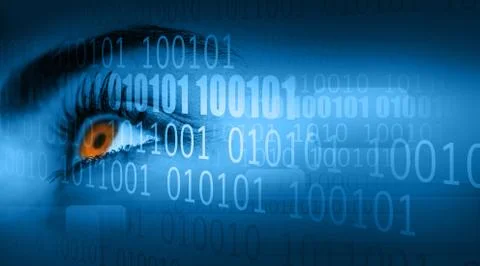 Woman looking away on binary code background Foto stock