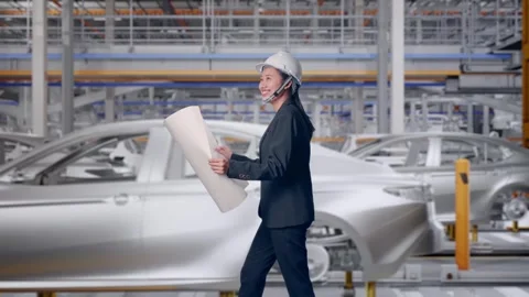 Woman Looking At Blueprint While Walking In Car Factory Stock Footage 331631280