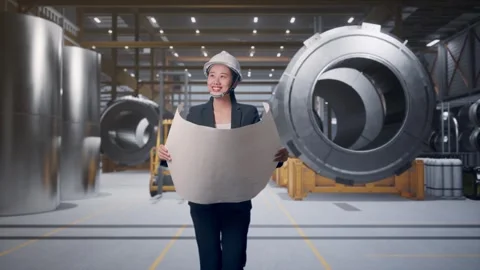 Woman Looking At Blueprint While Walking at Heavy Factory Stock Footage 340814397
