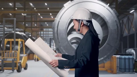 Woman Looking At Blueprint While Walking at Heavy Factory Stock Footage 340814754