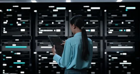 Woman Looking At Database On Terminal Window Showing On Digital Tablet Stock Footage 248005465
