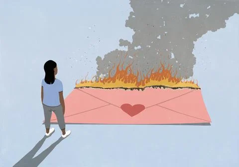 Woman looking down at large burning pink envelope with heart sticker Stock Illustration