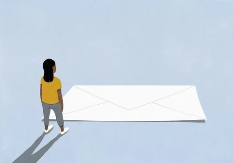 Woman looking down at large white envelope on blue background Stock Illustration
