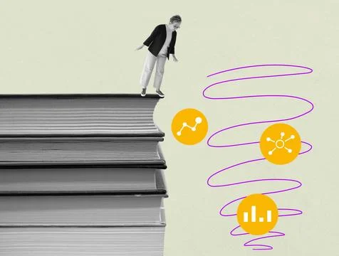 A woman looking down from a stack of books as a concept lifelong learning Stock Photos