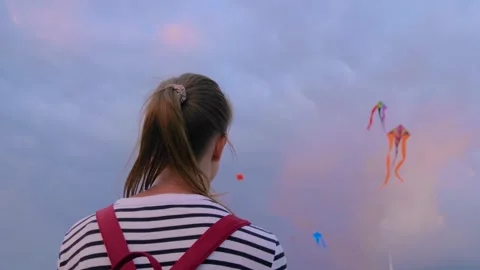 Woman is looking at flying kites in the cloudy sunset sky Stock Footage 335048433