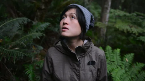 Woman looking up at forest Stock Footage 53084148