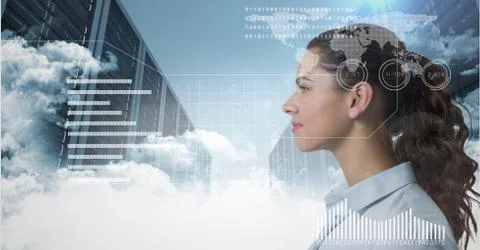Woman looking forward behind an interface in cloud storage area Stock Photos