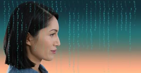 Woman looking forward with coding overlay Stock-Fotos