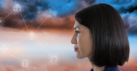 Woman looking at interface in clouds Stock Photos