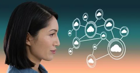 Woman looking at interface with gradient background Foto stock