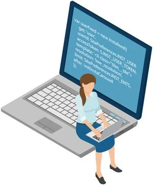 Woman looking at laptop screen with program code. Programmer coding new project Stock Illustration