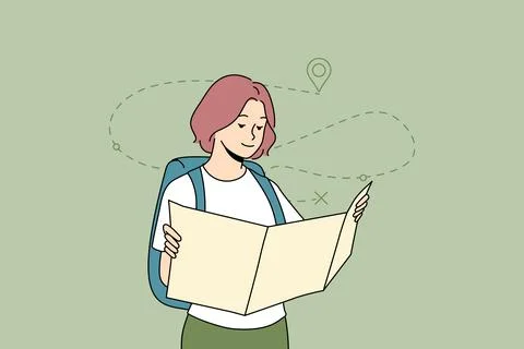 Woman looking at map planning trip Stock Illustration