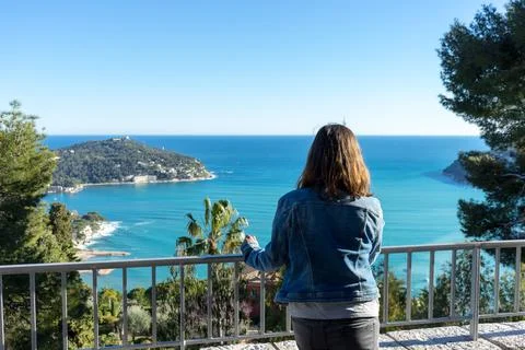 Woman looking at the Mediterranean from the top Stock Photos