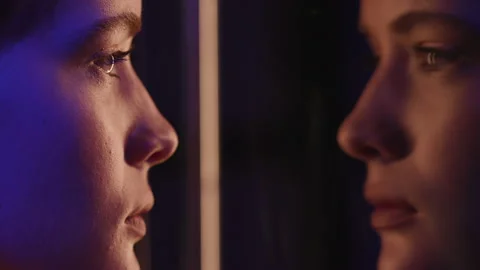 Woman Looking in Mirror Reflection. Make-Up on Calm Face of Young Girl in Retro- Stock Footage 199480511