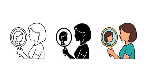 Woman looking in mirror self reflection icon set Stock Illustration
