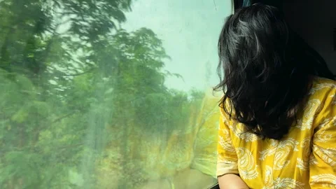 Woman looking out train window with reflection watching blurred landscape d.. Stock Footage 333907908