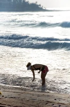Woman looking for shells at the beach Stock Photos